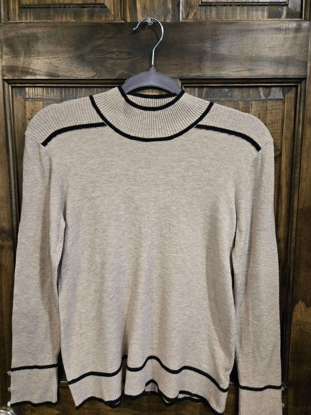 Women's Beige Turtleneck Sweater with Black Trim